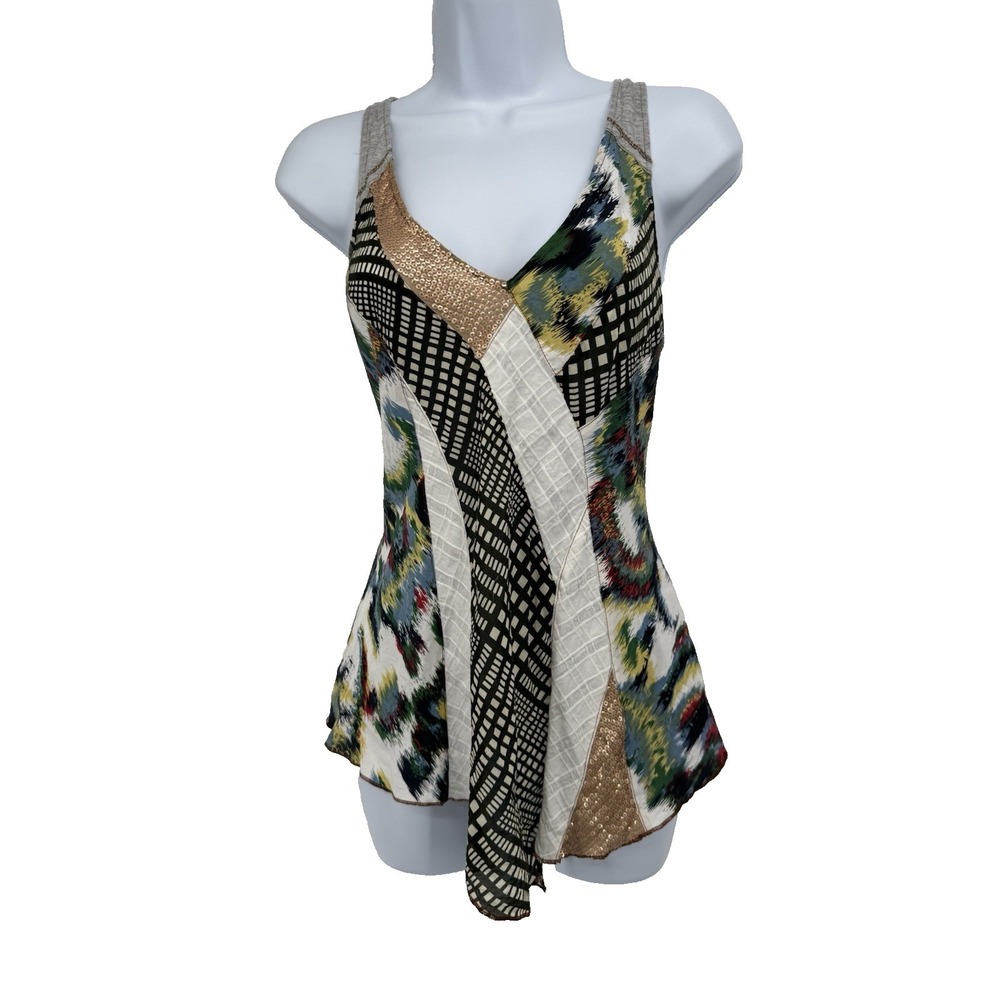 TINY Anthropologie Silk Sequin Sleeveless Asymmetrical Artsy Tank‎ patchwork M